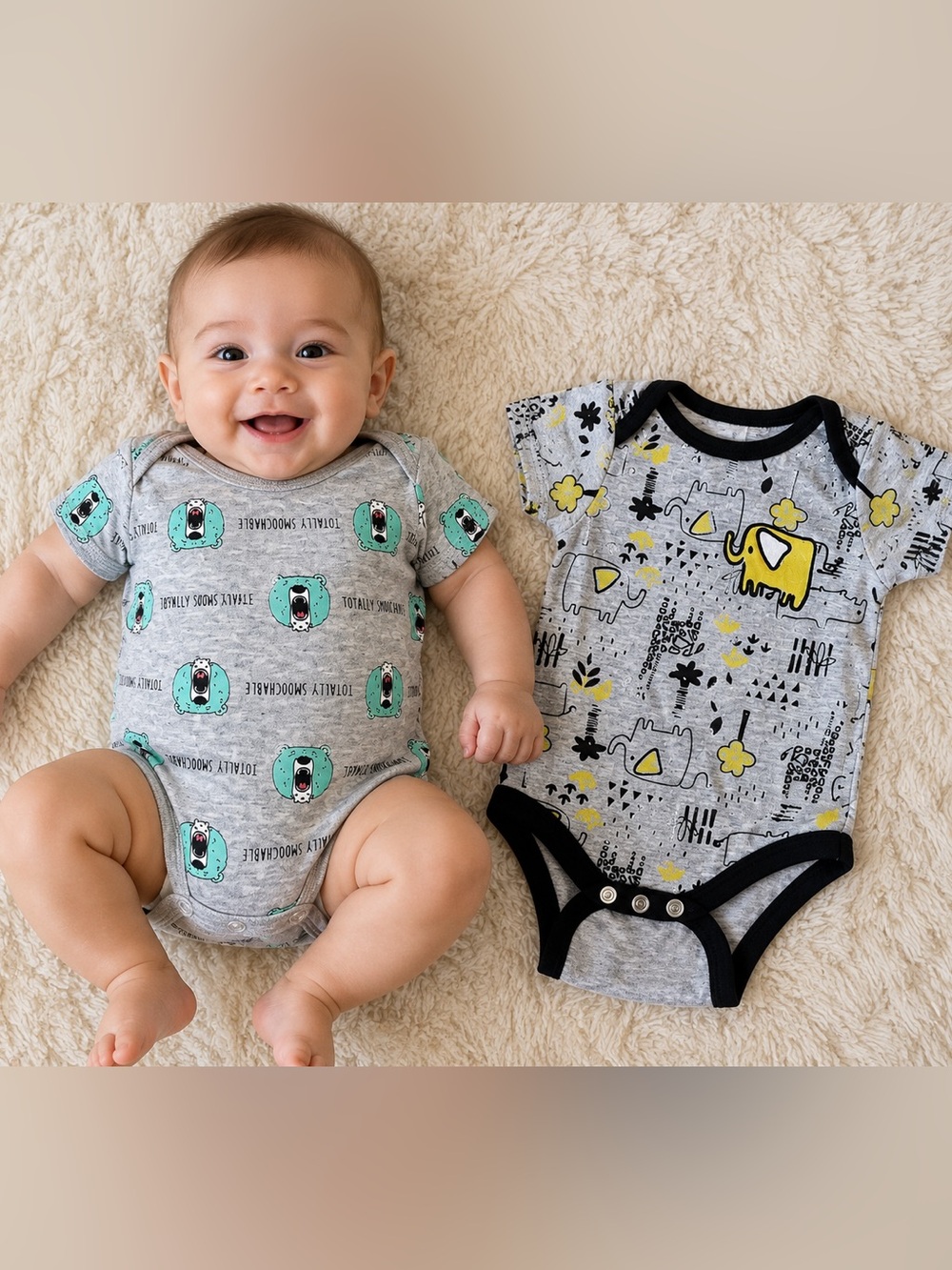 Baby Gear Gray Bodysuit Set with Turquoise and Yellow Prints